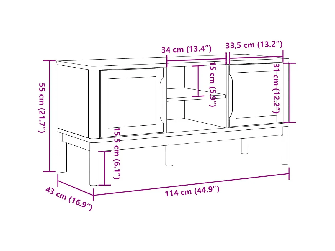 Meuble TV FLORO blanc 114x43x55 cm bois massif de pin