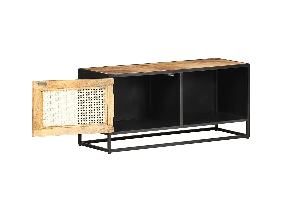 Meuble TV 90x30x40 cm Bois de manguier brut et canne naturelle