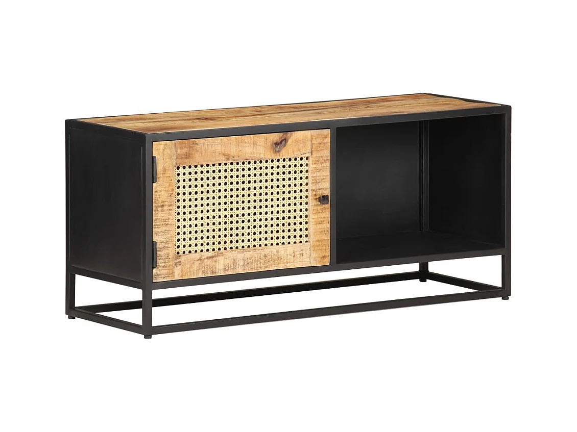 Meuble TV 90x30x40 cm Bois de manguier brut et canne naturelle