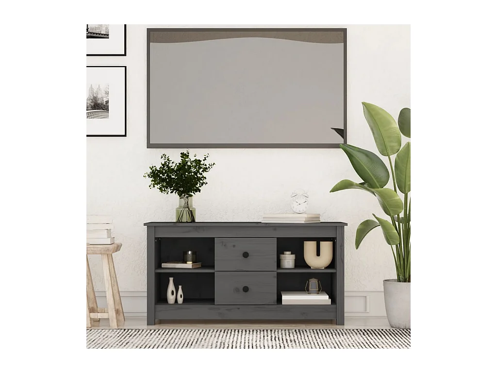 Grauer TV-Schrank 103x36,5x52 cm Massivholz Kiefer