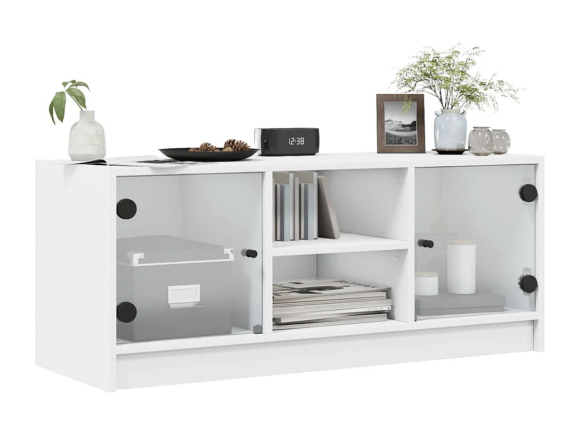 Meuble TV avec portes en verre blanc 102x37x42 cm