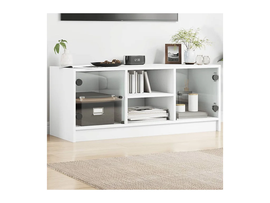Meuble TV avec portes en verre blanc 102x37x42 cm