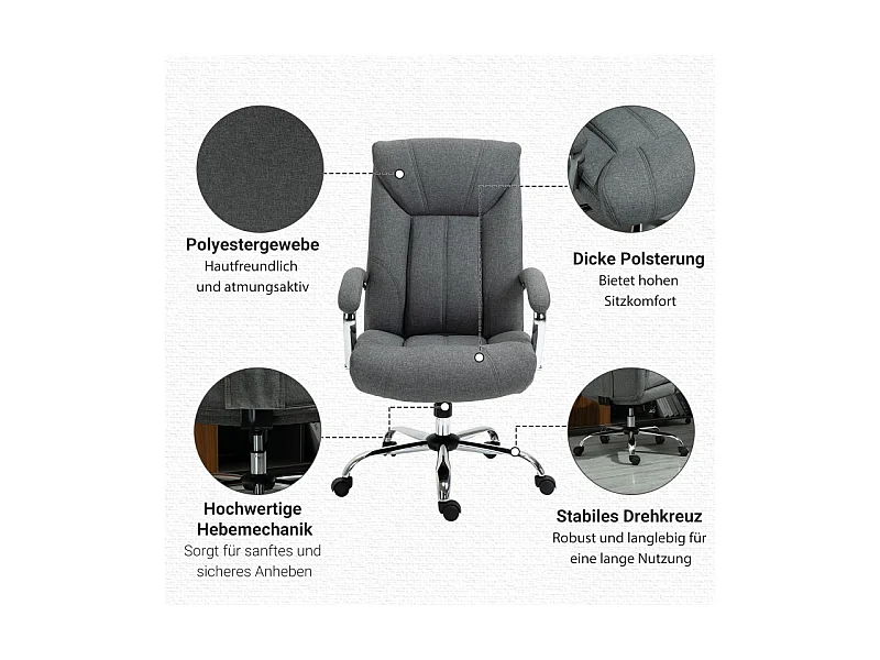 Chaise de bureau ergonomique avec appui-tête, accoudoirs rembourrés et fonction basculante, polyester, gris (65x78x110-118cm)