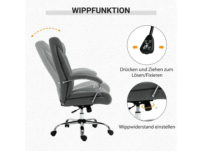 Chaise de bureau ergonomique avec appui-tête, accoudoirs rembourrés et fonction basculante, polyester, gris (65x78x110-118cm)