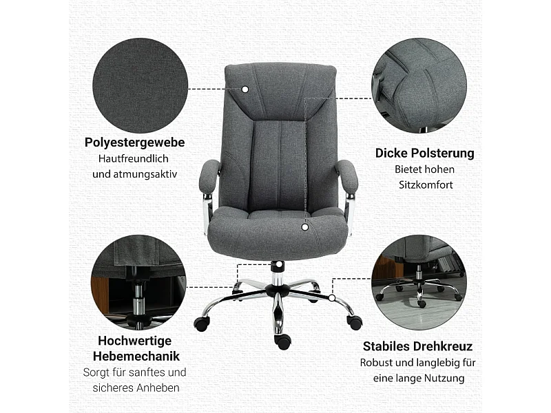 Chaise de bureau ergonomique avec appui-tête, accoudoirs rembourrés et fonction basculante, polyester, gris (65x78x110-118cm)