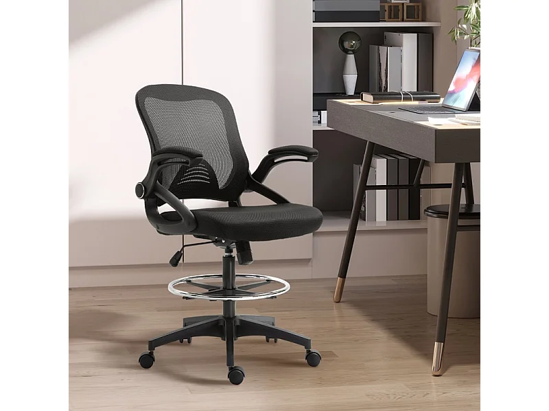 Fauteuil de bureau réglable avec repose-pieds, fonction debout, siège pivotant, acier et plastique, noir (64x60x106-126cm)