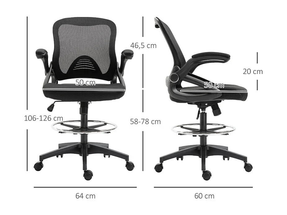 Fauteuil de bureau réglable avec repose-pieds, fonction debout, siège pivotant, acier et plastique, noir (64x60x106-126cm)