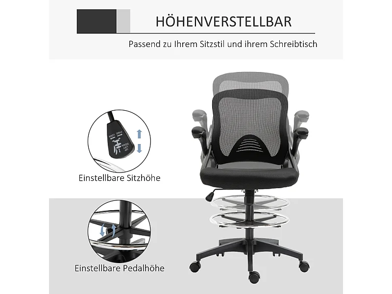 Fauteuil de bureau réglable avec repose-pieds, fonction debout, siège pivotant, acier et plastique, noir (64x60x106-126cm)