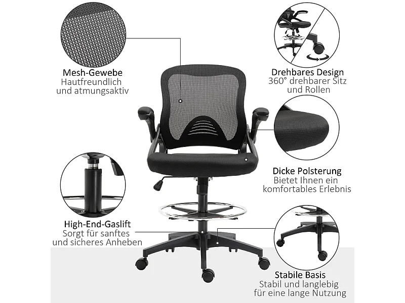 Fauteuil de bureau réglable avec repose-pieds, fonction debout, siège pivotant, acier et plastique, noir (64x60x106-126cm)