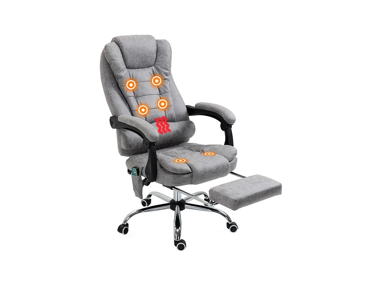 Fauteuil de bureau ergonomique avec fonction massage, inclinable et chauffant, microfibre, gris (65x70x119cm)