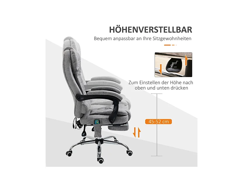 Fauteuil de bureau ergonomique avec fonction massage, inclinable et chauffant, microfibre, gris (65x70x119cm)