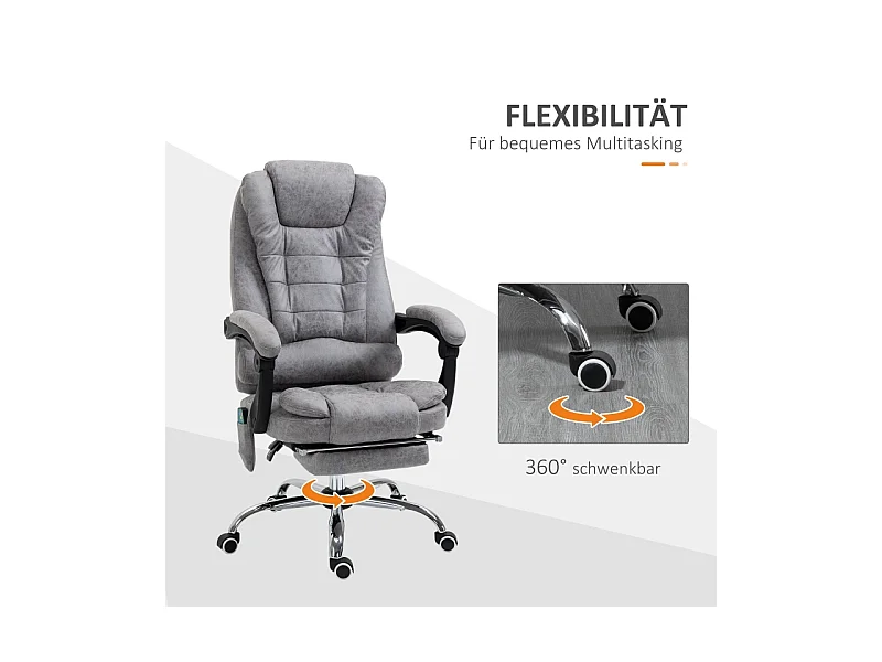 Fauteuil de bureau ergonomique avec fonction massage, inclinable et chauffant, microfibre, gris (65x70x119cm)