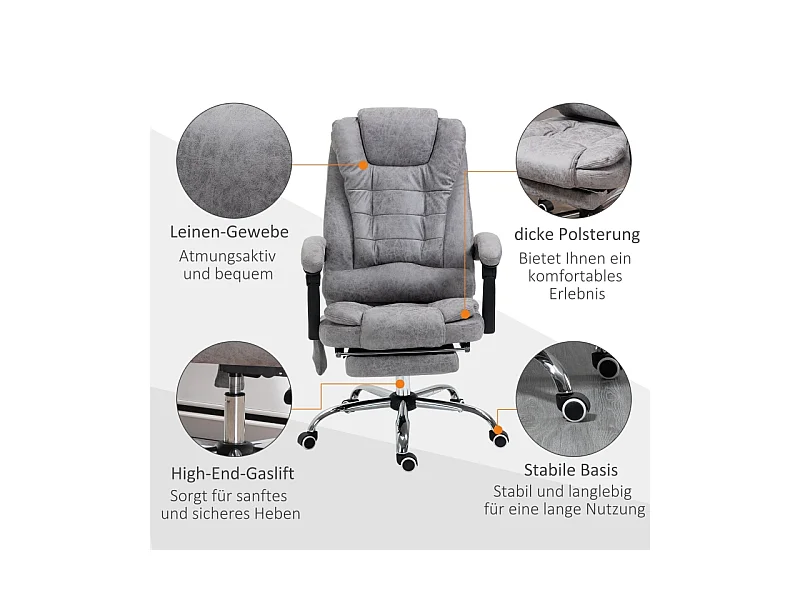 Fauteuil de bureau ergonomique avec fonction massage, inclinable et chauffant, microfibre, gris (65x70x119cm)