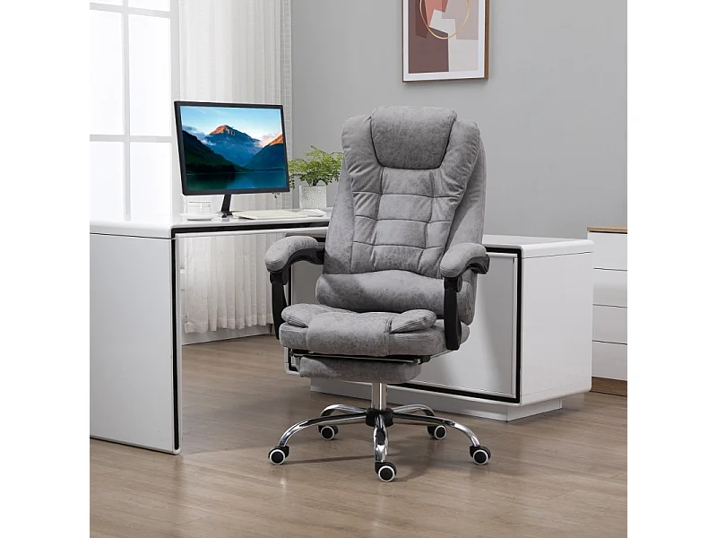 Fauteuil de bureau ergonomique avec fonction massage, inclinable et chauffant, microfibre, gris (65x70x119cm)