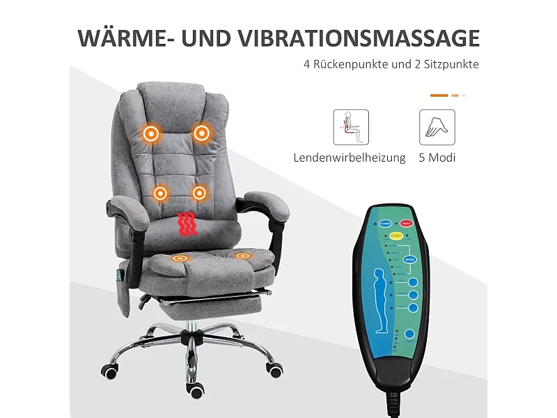 Fauteuil de bureau ergonomique avec fonction massage, inclinable et chauffant, microfibre, gris (65x70x119cm)