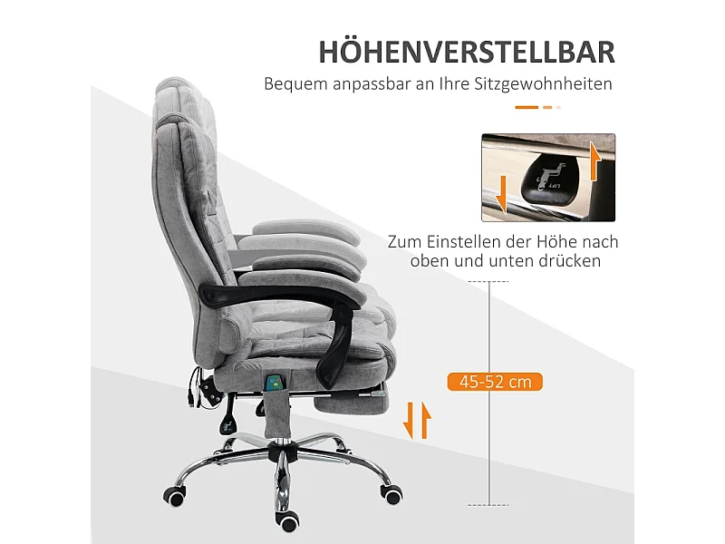 Fauteuil de bureau ergonomique avec fonction massage, inclinable et chauffant, microfibre, gris (65x70x119cm)