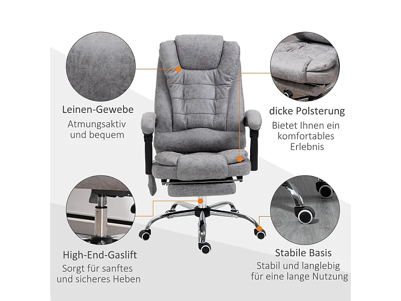 Fauteuil de bureau ergonomique avec fonction massage, inclinable et chauffant, microfibre, gris (65x70x119cm)