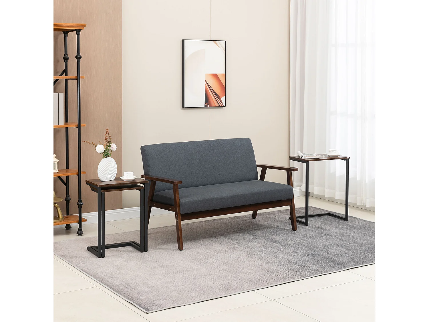 Table basse empilable en forme de C, design industriel, bois et acier, marron rustique (45x30x60 cm)