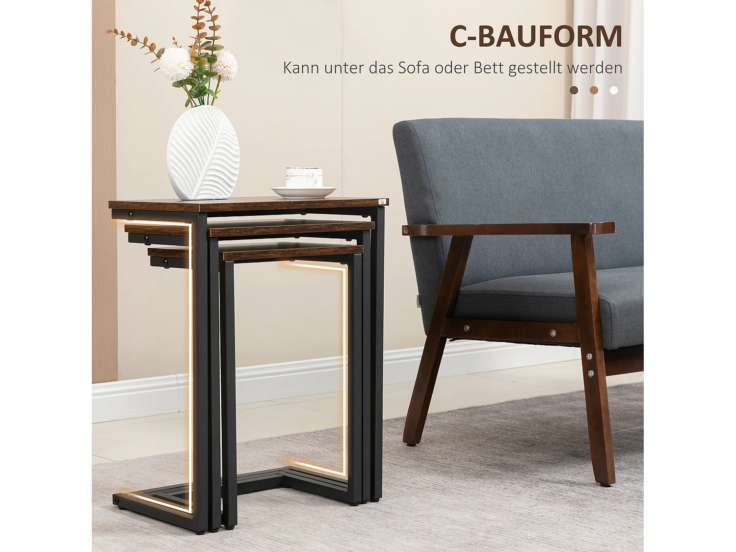 Table basse empilable en forme de C, design industriel, bois et acier, marron rustique (45x30x60 cm)