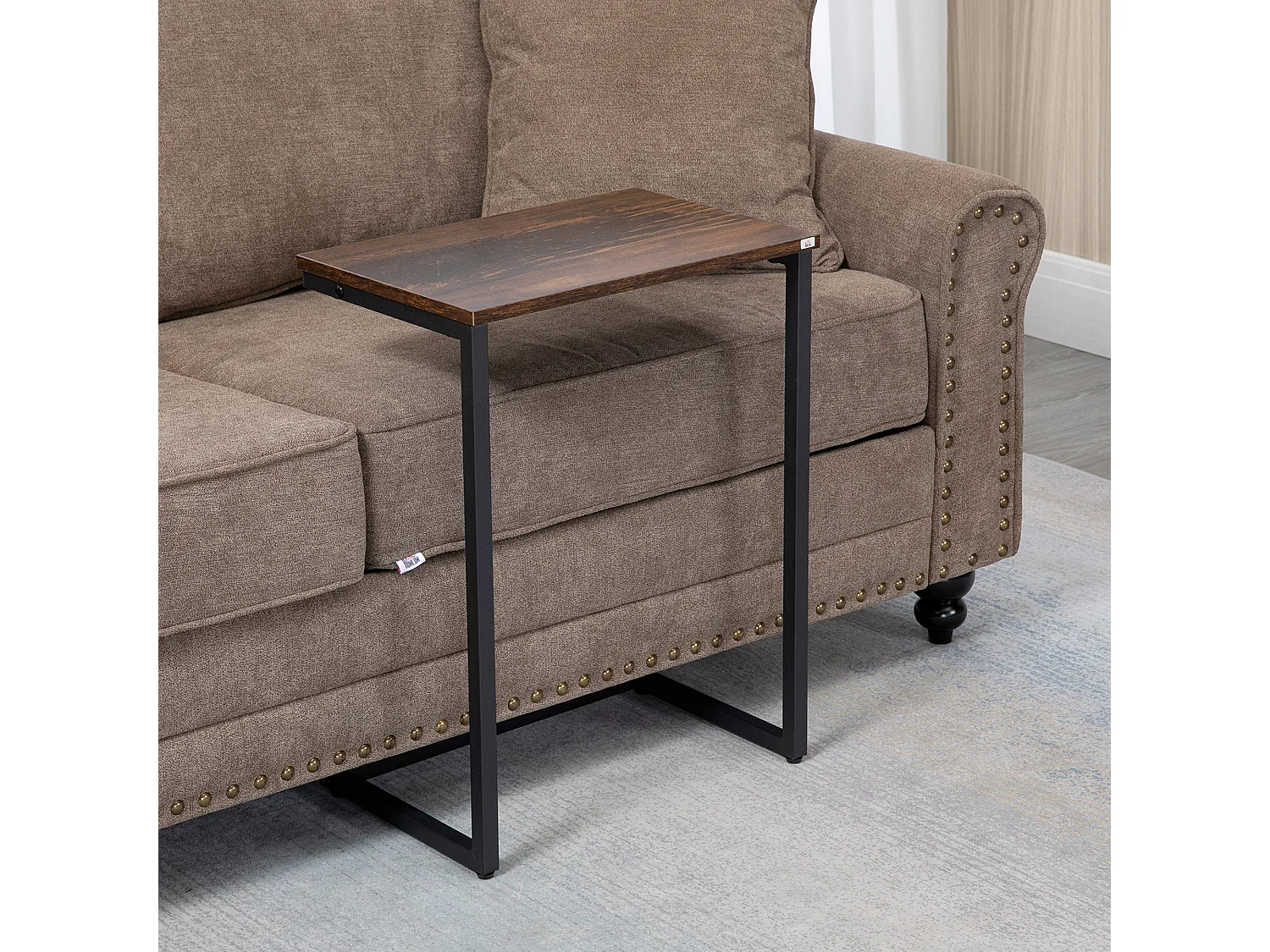 Table basse empilable en forme de C, design industriel, bois et acier, marron rustique (45x30x60 cm)