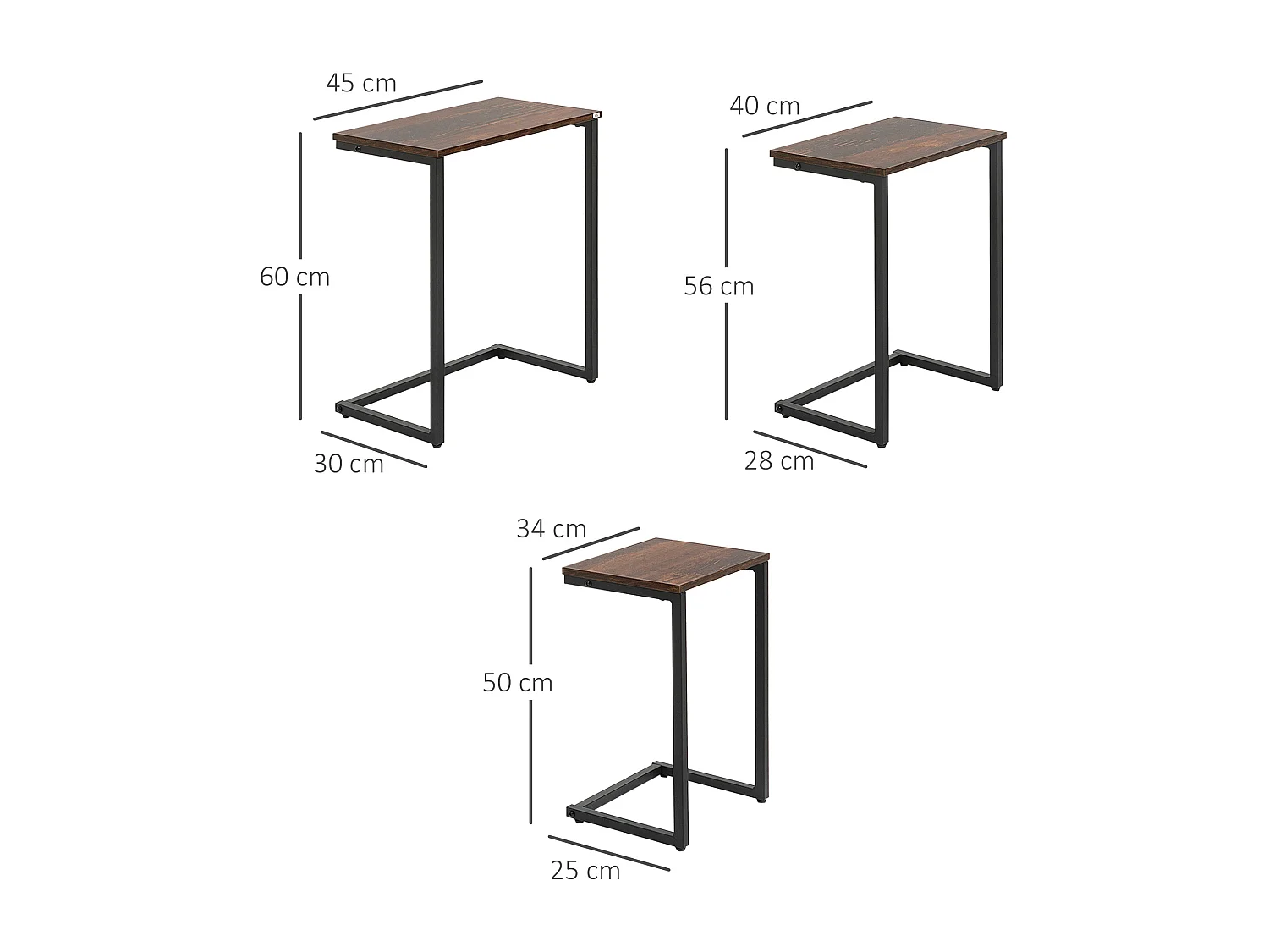 Stapelbare C-vormige salontafel, industrieel design, hout en staal, rustiek bruin (45x30x60 cm)