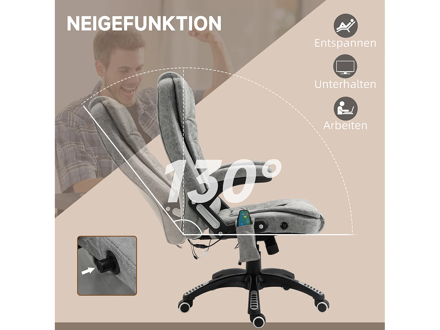 Fauteuil de bureau massant et chauffant, ergonomique, réglable en hauteur, 6 points de massage, polyester, gris (68x72x110-120 cm)