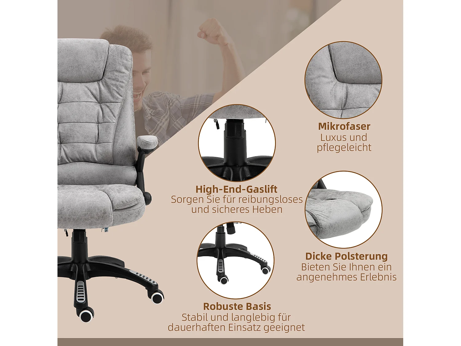 Fauteuil de bureau massant et chauffant, ergonomique, réglable en hauteur, 6 points de massage, polyester, gris (68x72x110-120 cm)