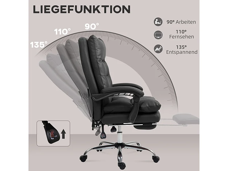 Fauteuil de bureau ergonomique avec fonction massage, chauffage et repose-pieds, polyester, noir (72x65x117 cm)