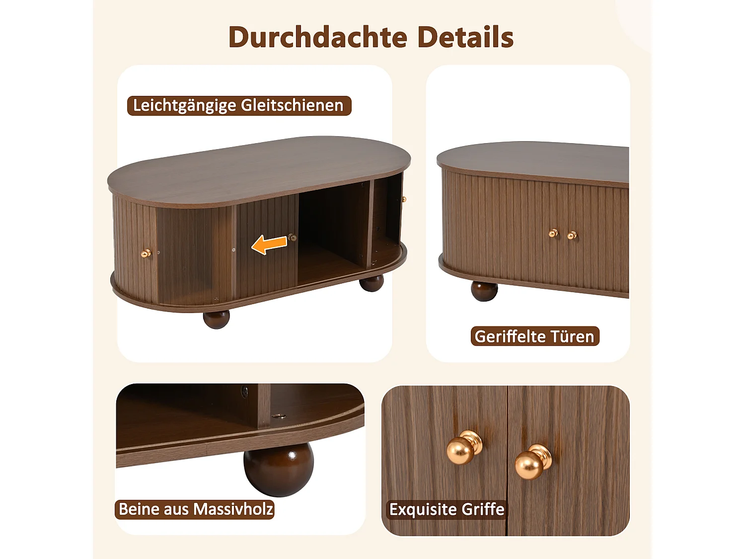 Ovale salontafel met schuifdeuren, multifunctioneel, MDF, notenhout (100x50x40cm)