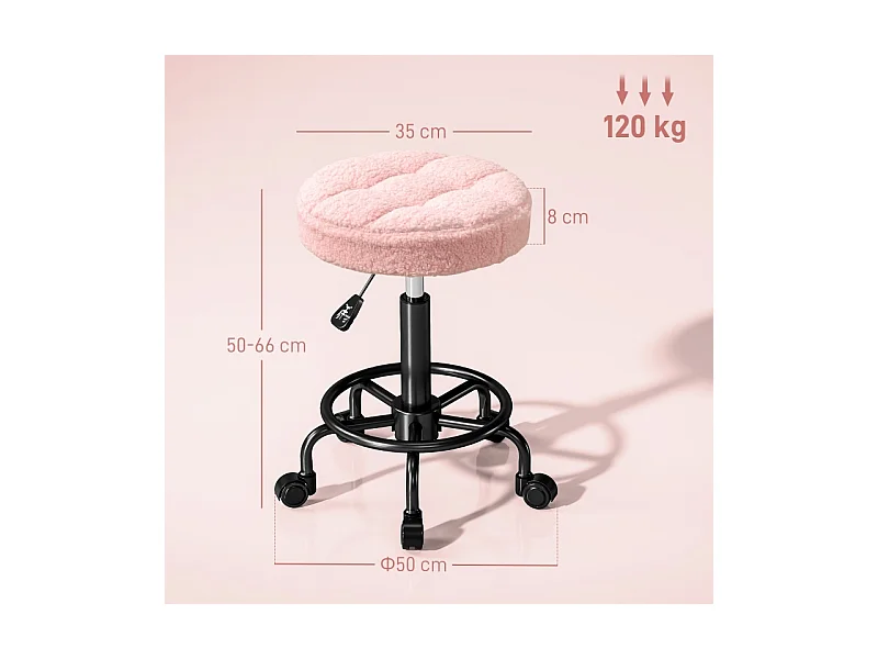 Tabouret de bureau réglable en hauteur 50-66 cm, pivotant à 360°, polyester, rose (50x50x66 cm)
