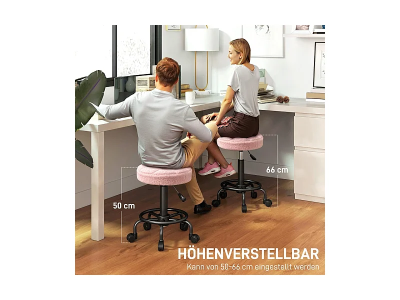 Tabouret de bureau réglable en hauteur 50-66 cm, pivotant à 360°, polyester, rose (50x50x66 cm)