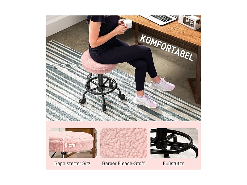 Tabouret de bureau réglable en hauteur 50-66 cm, pivotant à 360°, polyester, rose (50x50x66 cm)
