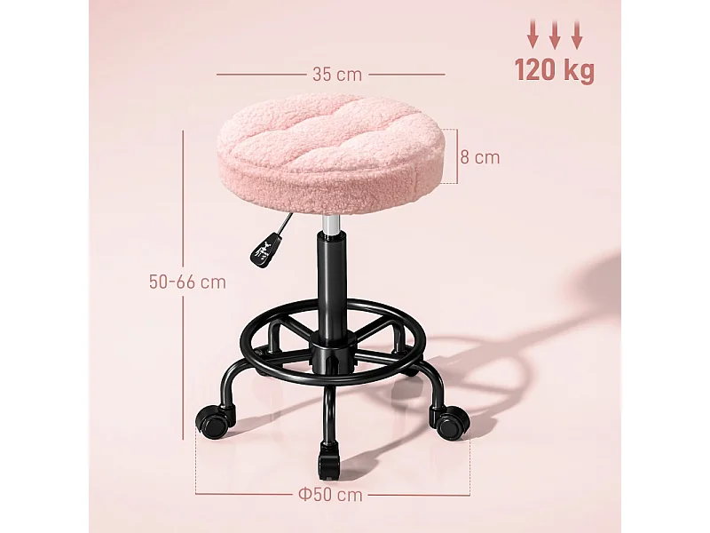 Tabouret de bureau réglable en hauteur 50-66 cm, pivotant à 360°, polyester, rose (50x50x66 cm)