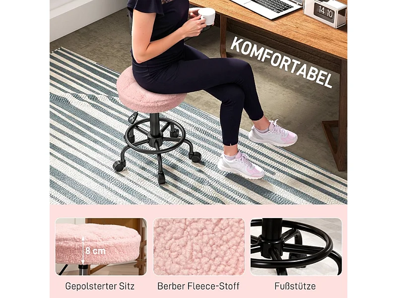Tabouret de bureau réglable en hauteur 50-66 cm, pivotant à 360°, polyester, rose (50x50x66 cm)