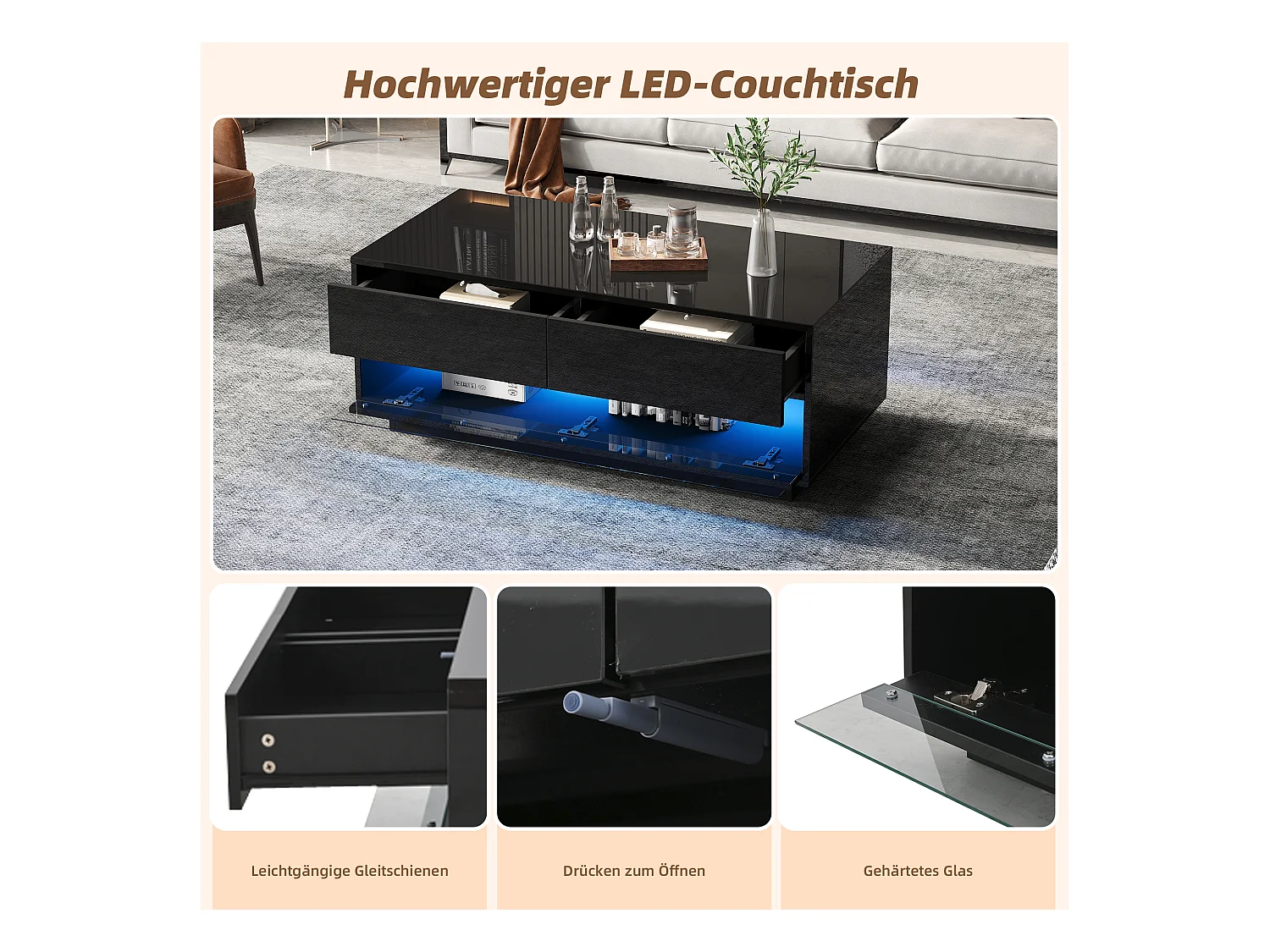 Table basse design brillant avec 2 tiroirs, bande LED Bluetooth et verre trempé, MDF, noir (100x50x40cm)