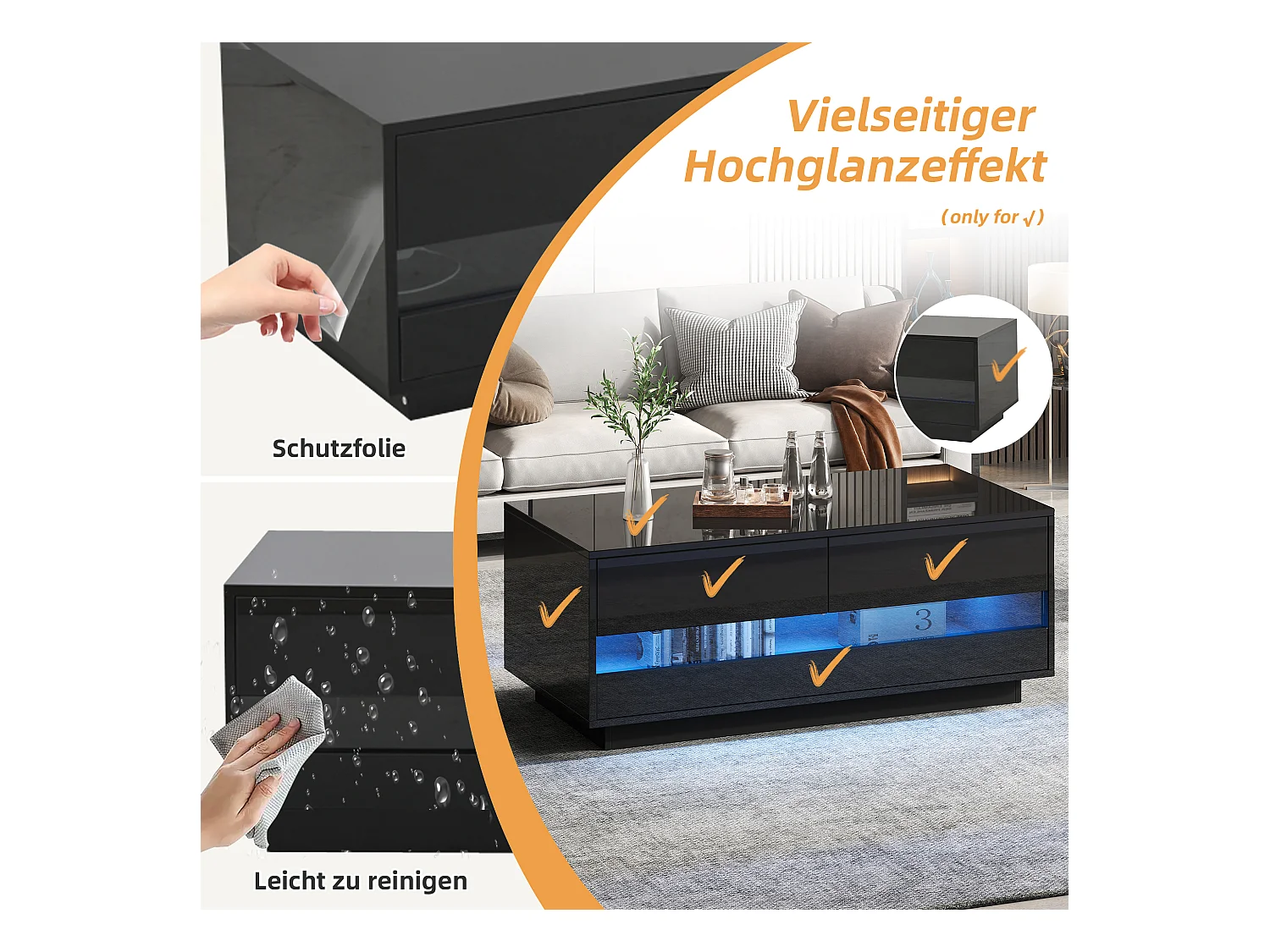 Table basse design brillant avec 2 tiroirs, bande LED Bluetooth et verre trempé, MDF, noir (100x50x40cm)