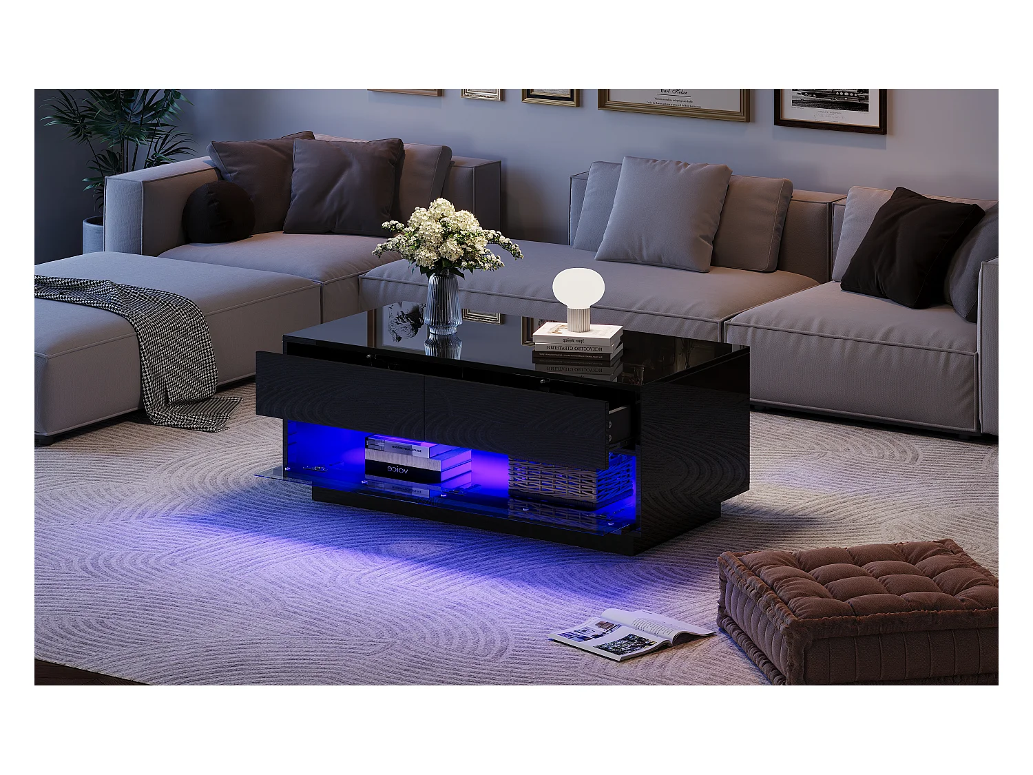 Table basse design brillant avec 2 tiroirs, bande LED Bluetooth et verre trempé, MDF, noir (100x50x40cm)