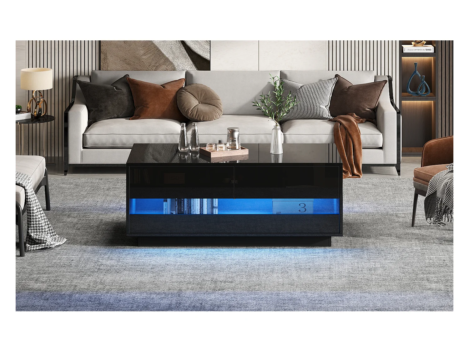 Table basse design brillant avec 2 tiroirs, bande LED Bluetooth et verre trempé, MDF, noir (100x50x40cm)