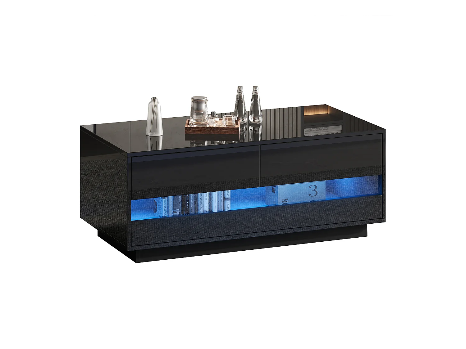 Table basse design brillant avec 2 tiroirs, bande LED Bluetooth et verre trempé, MDF, noir (100x50x40cm)