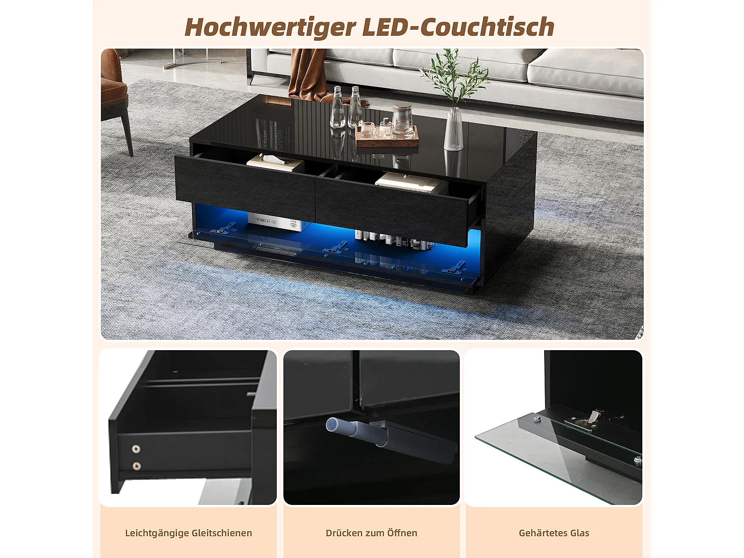 Mesa de centro de diseño brillante con 2 cajones, tira LED Bluetooth y cristal templado, MDF, negro (100x50x40cm)