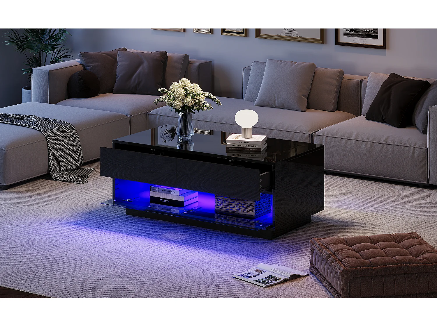 Mesa de centro de diseño brillante con 2 cajones, tira LED Bluetooth y cristal templado, MDF, negro (100x50x40cm)