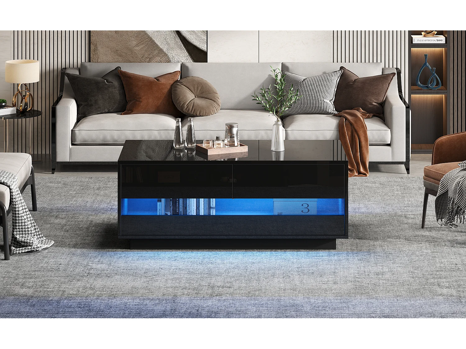 Mesa de centro de diseño brillante con 2 cajones, tira LED Bluetooth y cristal templado, MDF, negro (100x50x40cm)