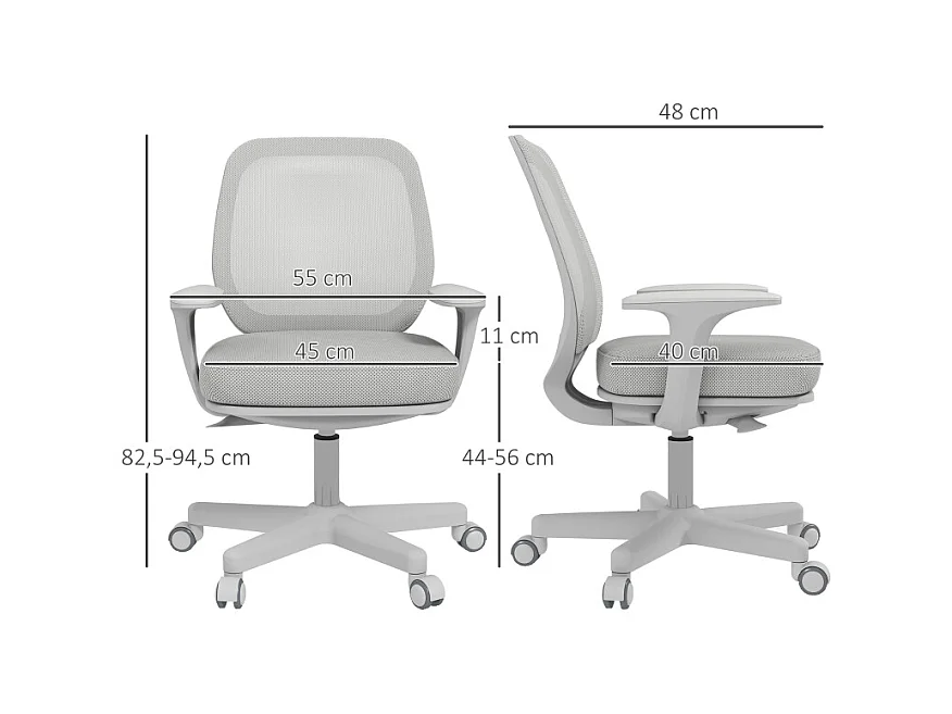 Chaise de bureau ergonomique pivotante, réglable en hauteur, polyester, gris (55x48x82.5-94.5cm)