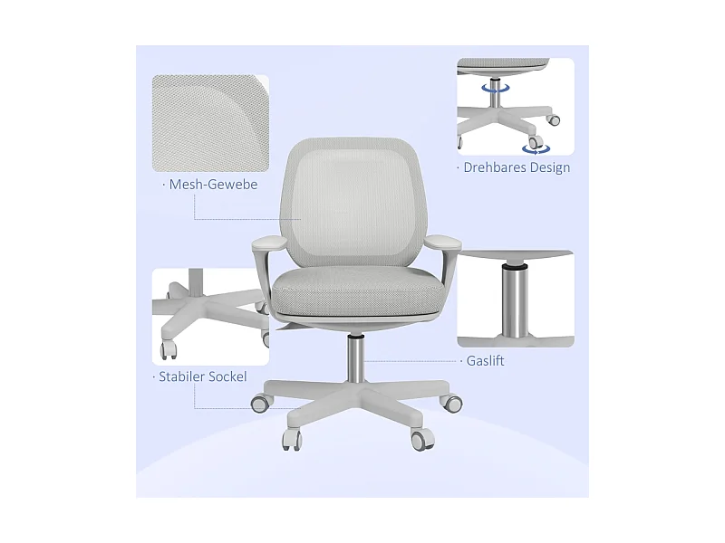 Chaise de bureau ergonomique pivotante, réglable en hauteur, polyester, gris (55x48x82.5-94.5cm)