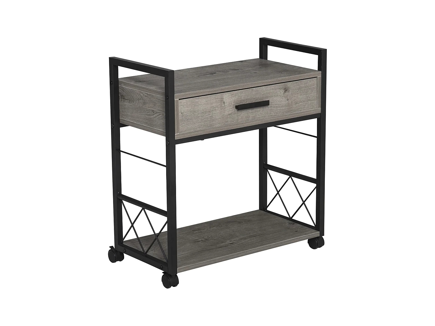 Table de chevet roulante avec tiroir, design élégant, bois et métal, gris (60x30x65cm)