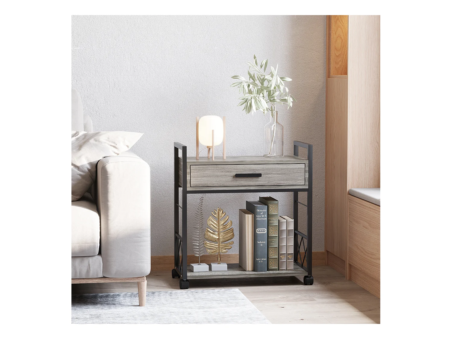 Table de chevet roulante avec tiroir, design élégant, bois et métal, gris (60x30x65cm)