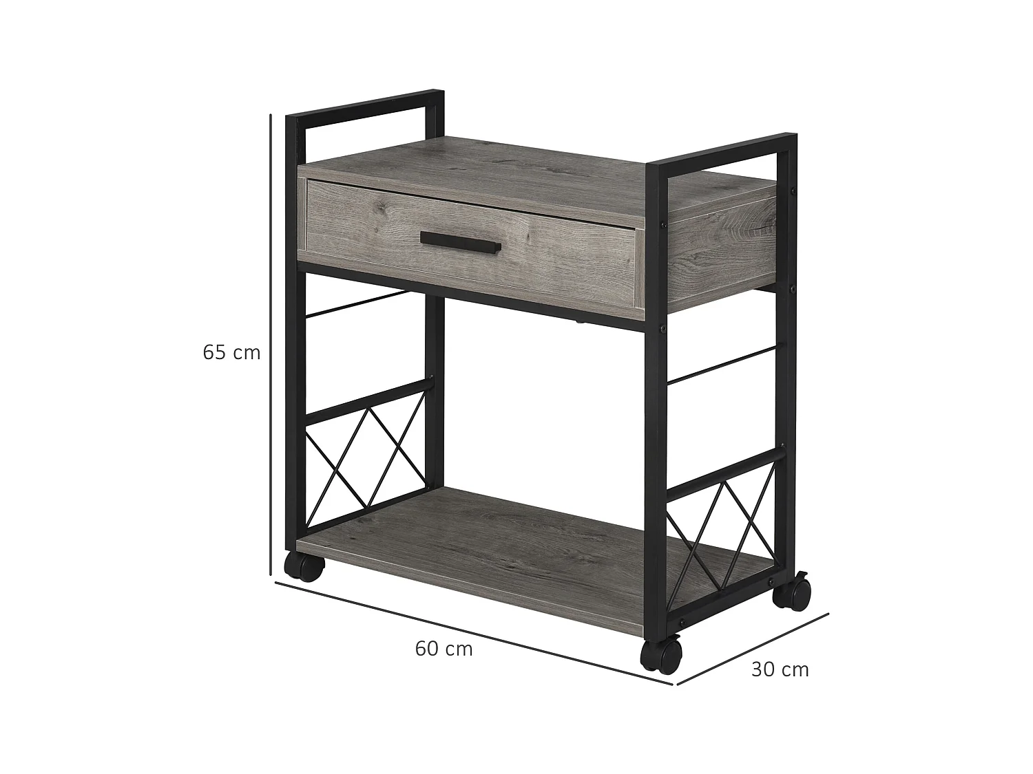Table de chevet roulante avec tiroir, design élégant, bois et métal, gris (60x30x65cm)