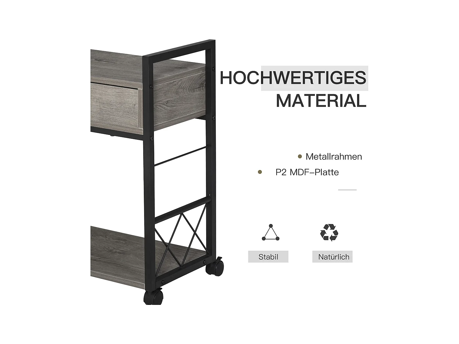 Table de chevet roulante avec tiroir, design élégant, bois et métal, gris (60x30x65cm)