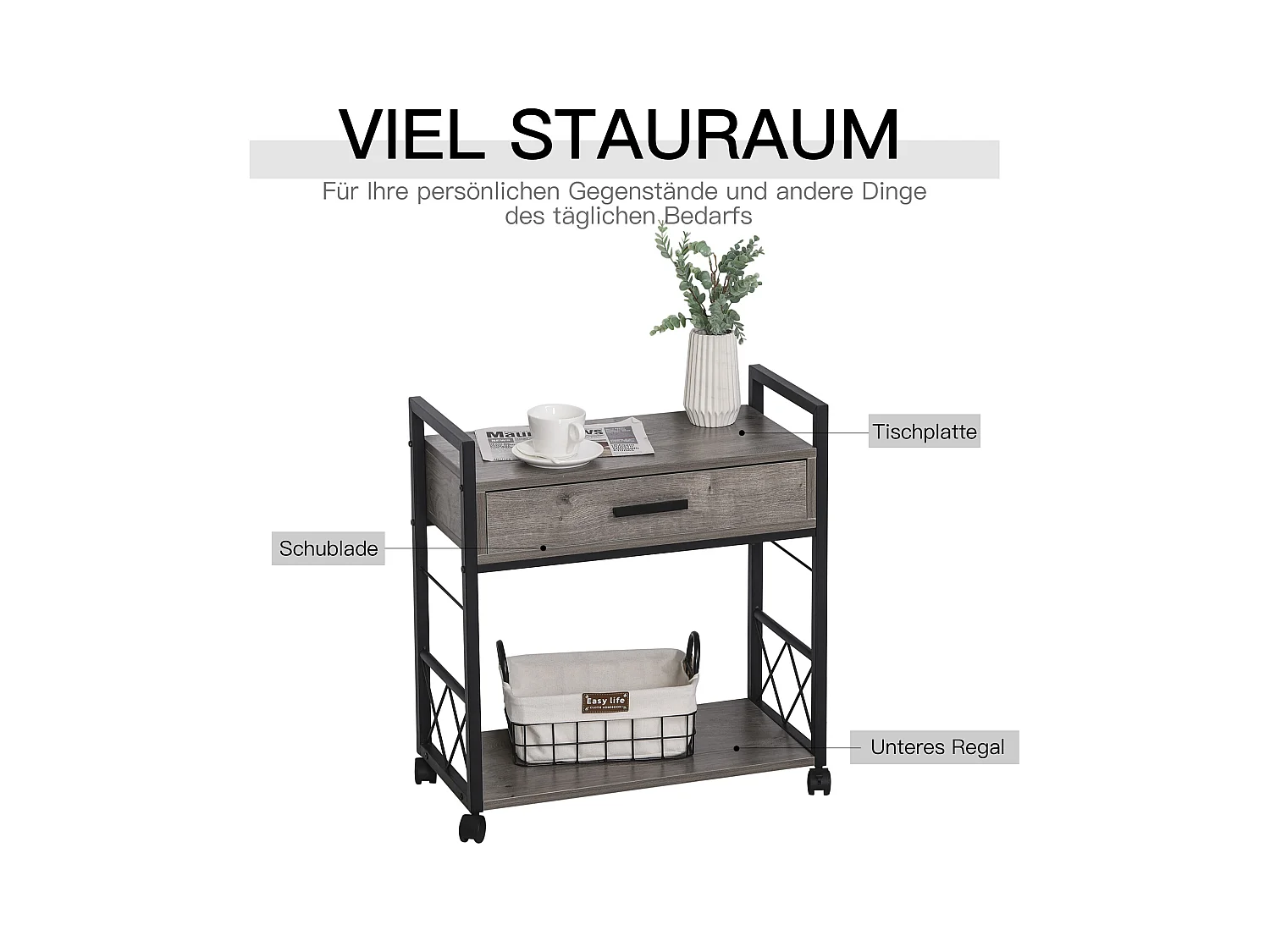 Table de chevet roulante avec tiroir, design élégant, bois et métal, gris (60x30x65cm)