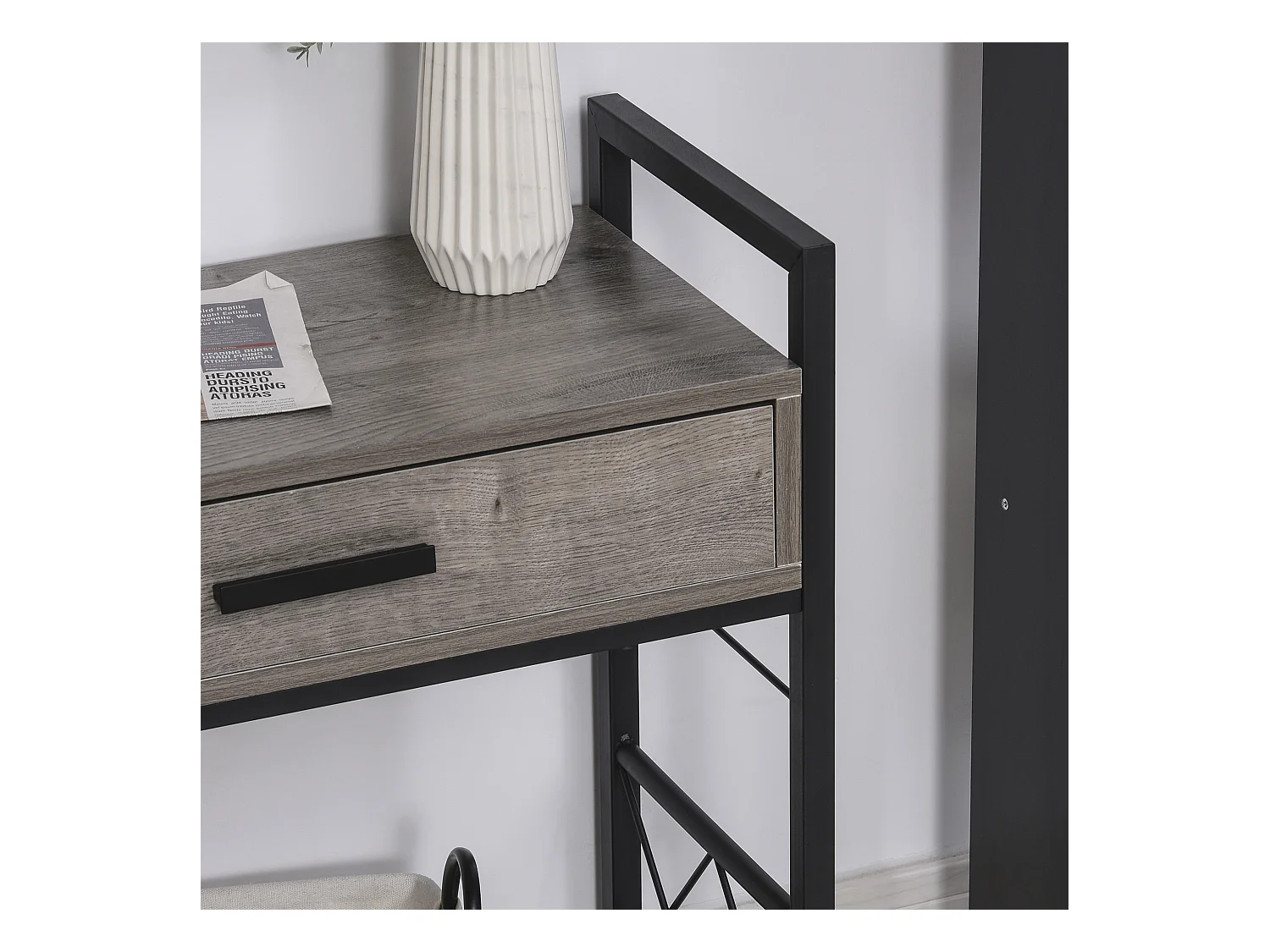 Table de chevet roulante avec tiroir, design élégant, bois et métal, gris (60x30x65cm)